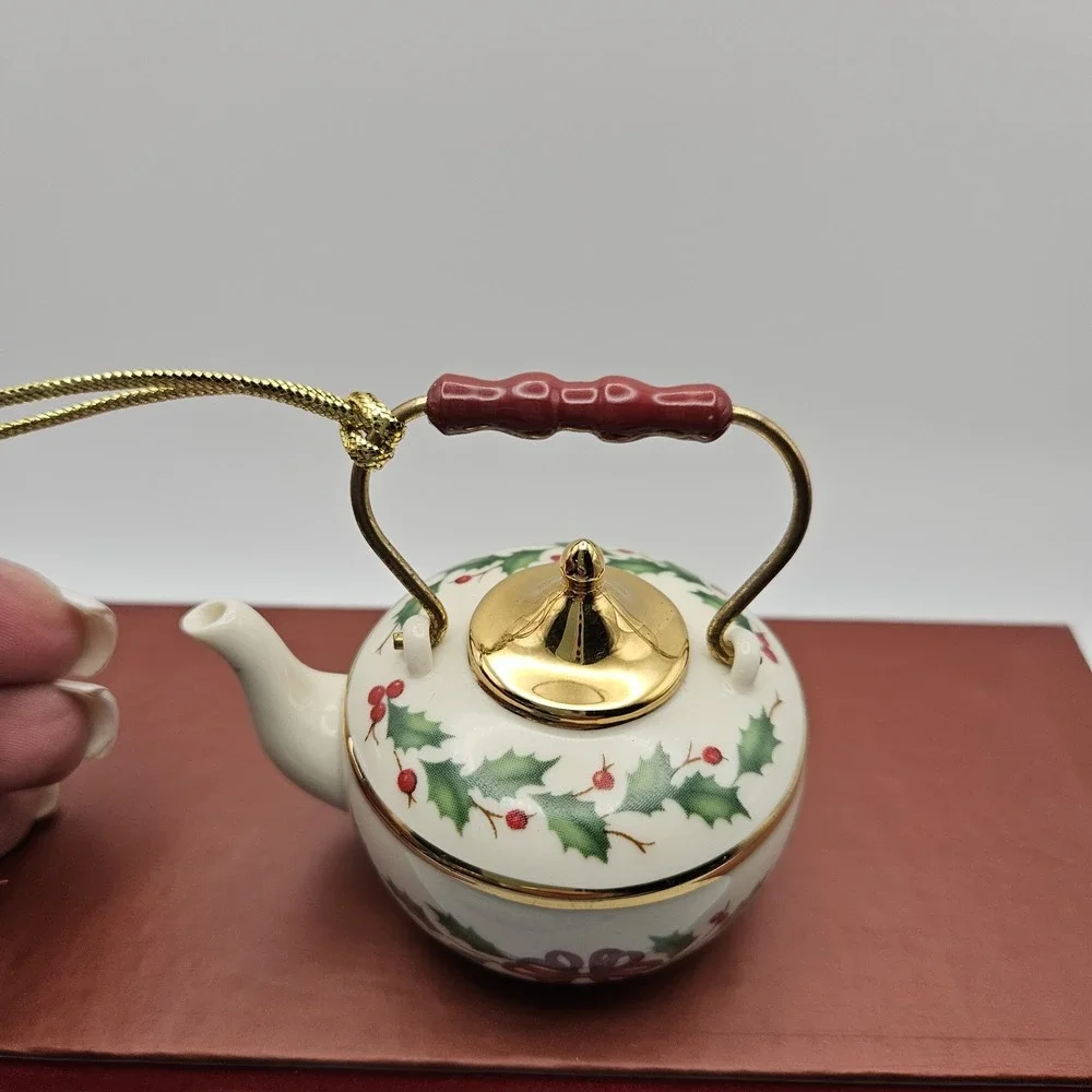 Lenox Holiday Tea Kettle Ceramic Hanging Ornament Holly Pattern Christmas
